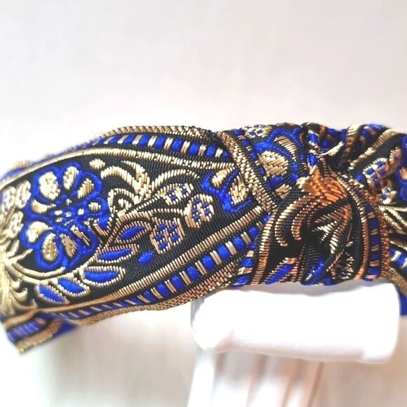 JEWELTONE JACQUARD SATIN FABRIC top knot royal blue gold black headband - Picture 4 of 9
